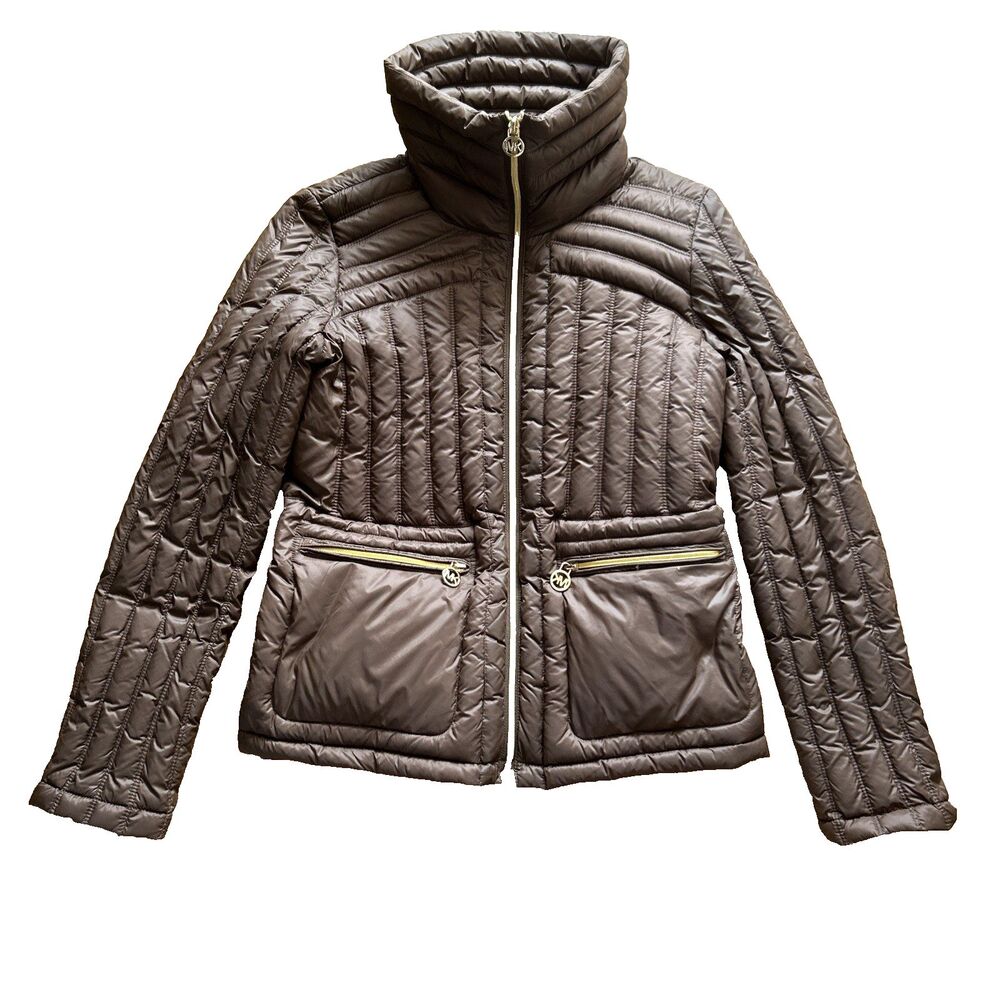 Michael Kors Packable Down Fill Women’s Brown Size M Zip Front Jacket Pockets